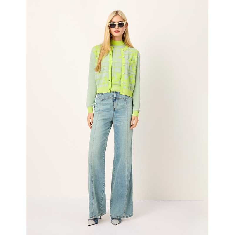 Round-Neck Long-Sleeve Color Block Striped Flora Embroidered Knit Cardigan