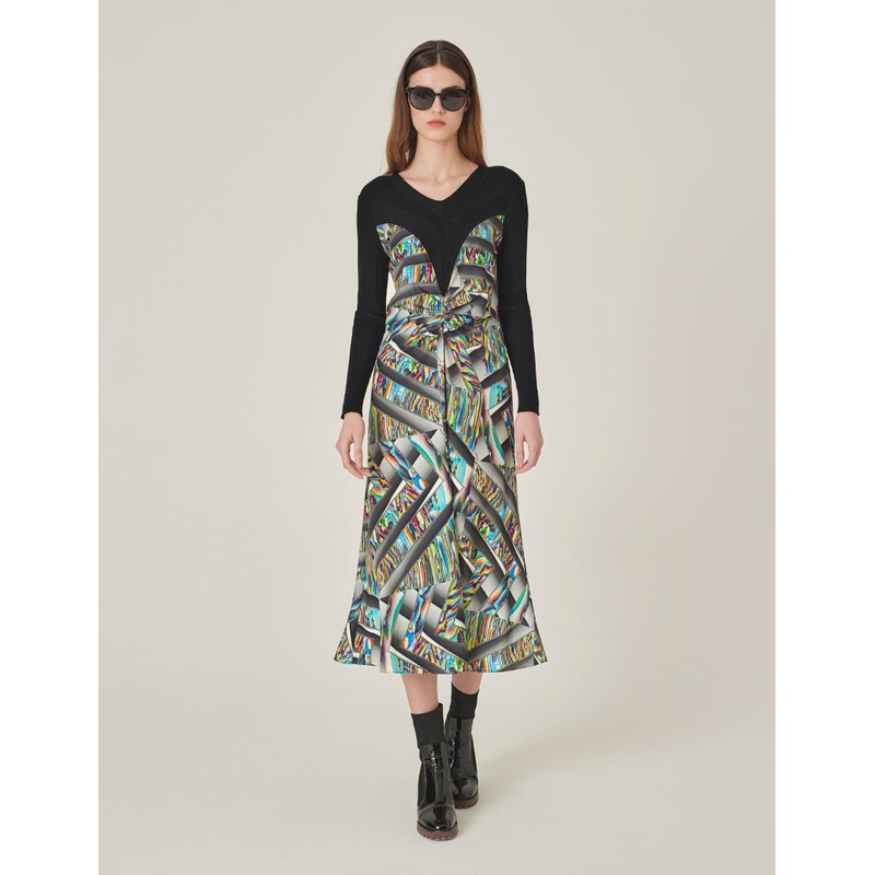 Round-Neck Long-Sleeve Empired Knitted Printed Midi Dress