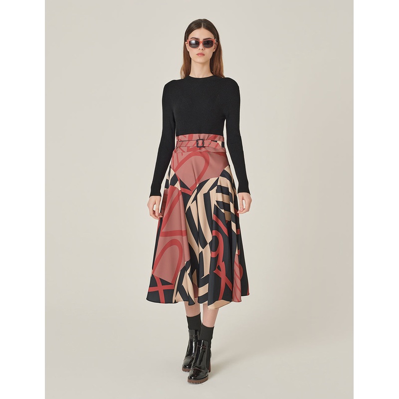 Round-Neck Long-Sleeve Knitted Printed Pleated Midi Dress