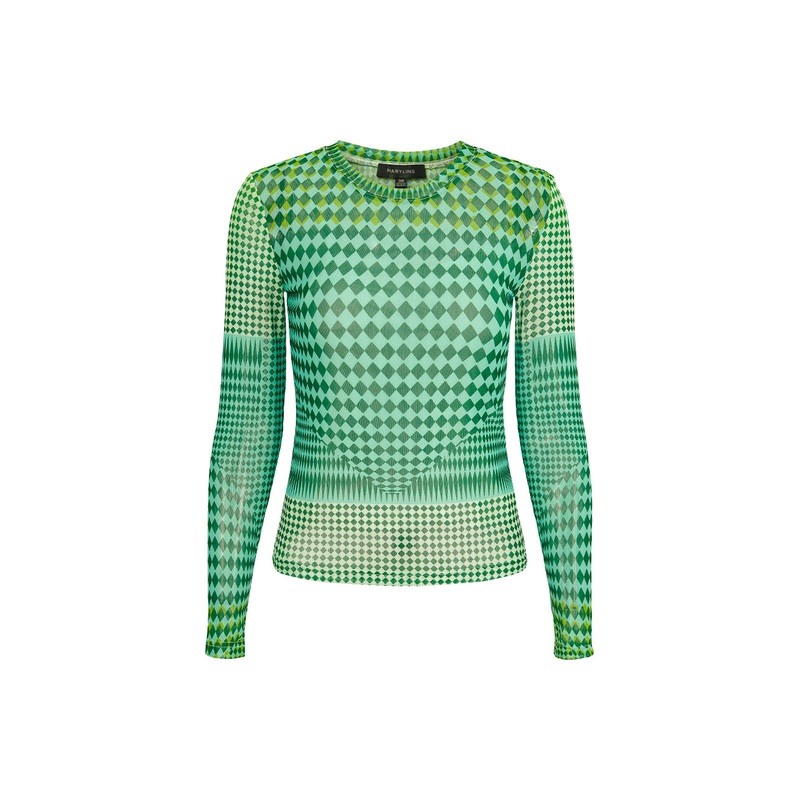 Round-Neck Long-Sleeve Slim Green Gingham Art Print Top