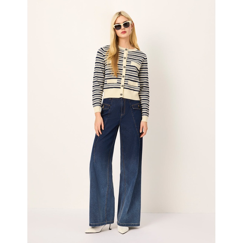 Round Neck Long Sleeve Striped Mutil-Pockets Cardigan