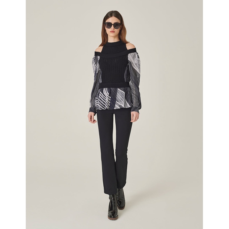 Round-Neck Off-Shoulder Knitted Splicing Fake Two-Piece Printed Top