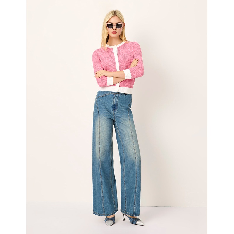 Round Neck White Trim Long-Sleeve Knit Cardigan