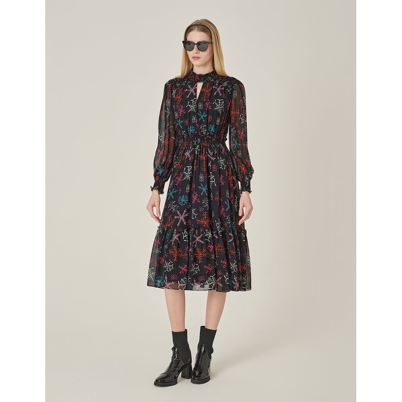 Ruffle Collar Cutout Printed Long Sleeve Pleated Midi Dress