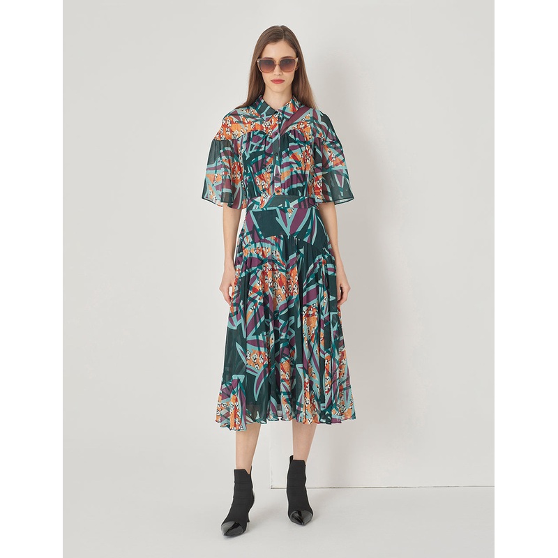 Shirt Collar A-Line Ruched Sleeve Georgette Dress