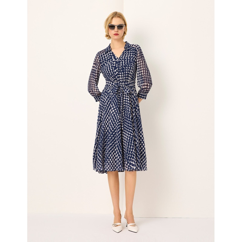 Shirt Collar Long-Sleeve Empire Tie-Waist Printed  Midi Dress
