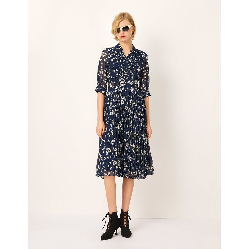 Shirt Collar Short-Sleeve Empired-Waist Flora Printed Pleated Midi Dress