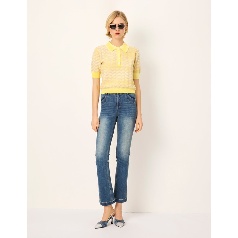 Shirt-Collar Short Sleeve Gradient Yellow Knit Pullover