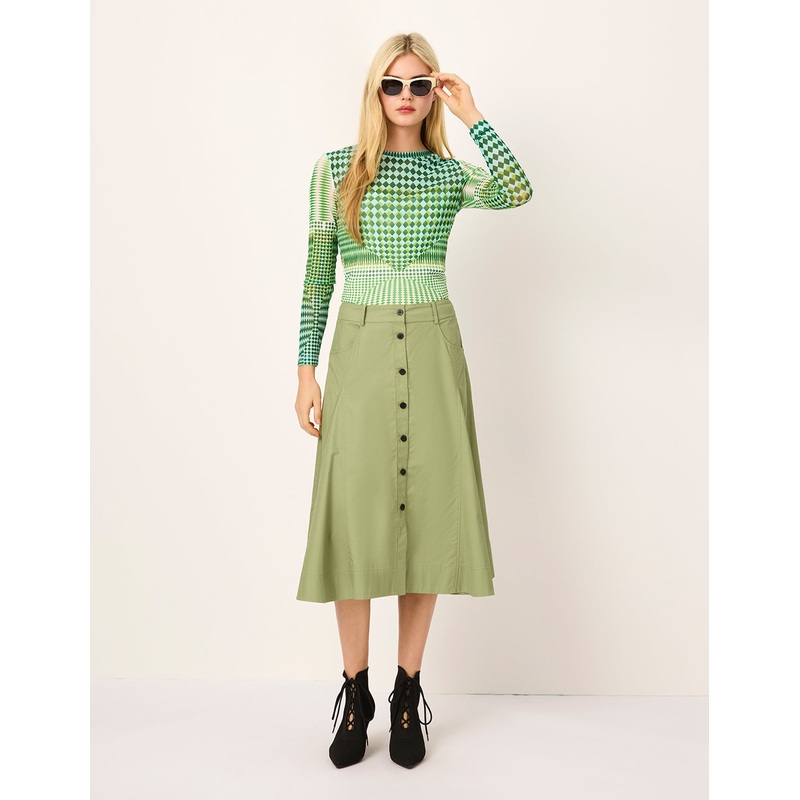 Single-Breasted Waist-Cinched A-Line Knee-Length Skirt