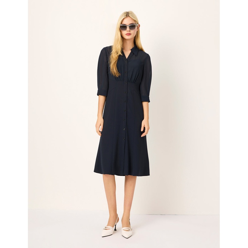 Spliced Transparent Georgette Half-Sleeve Midi Shirt Dress
