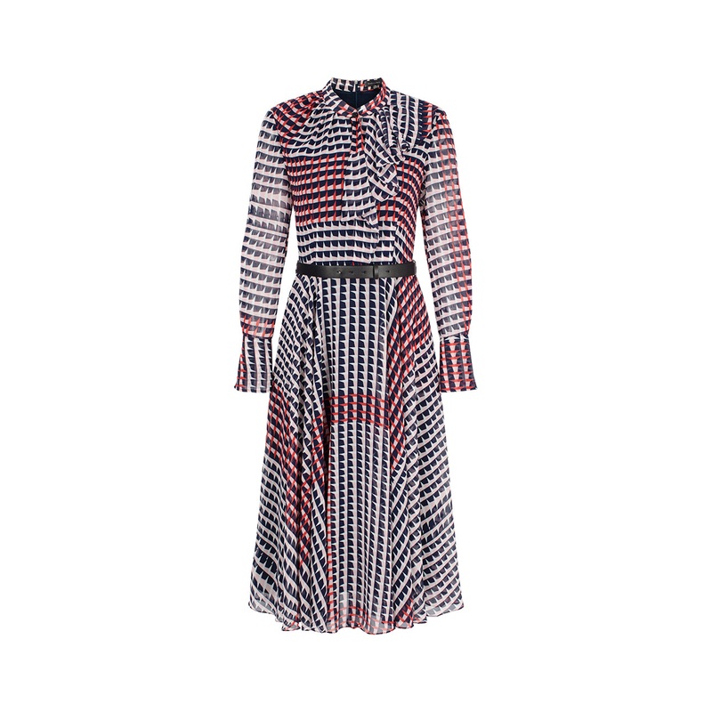 Stand-Collar Trumpet Sleeves Houndstooth Pleated Midi Dress