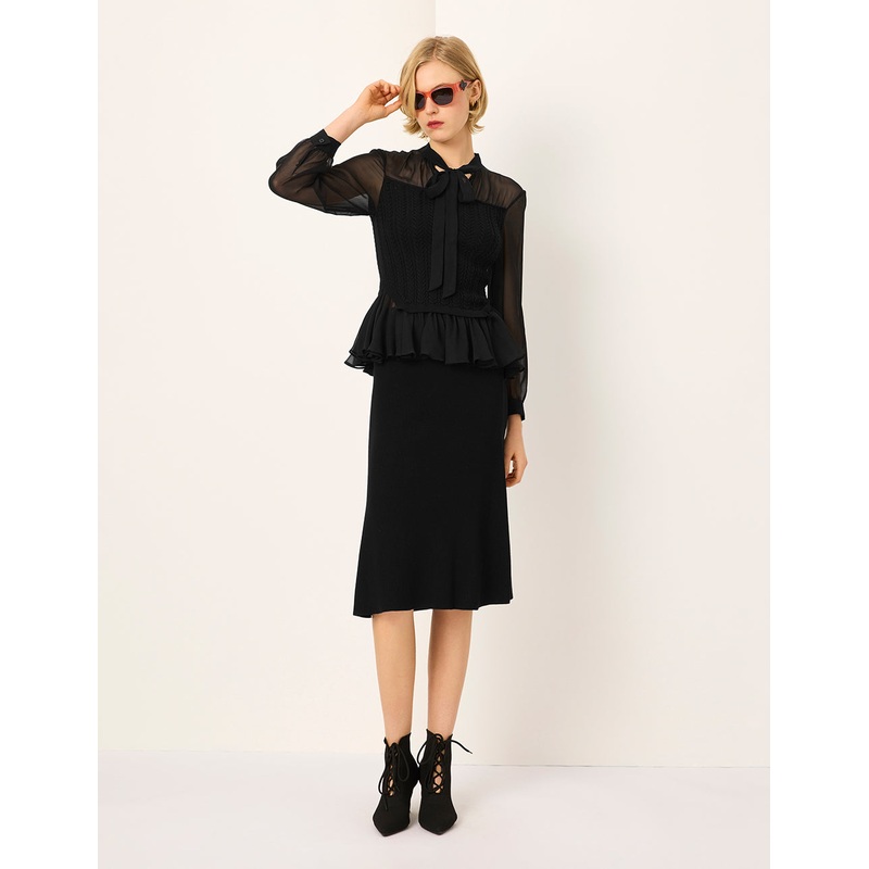 Stand Tie Collar Long Sleeve Black Sheer Top