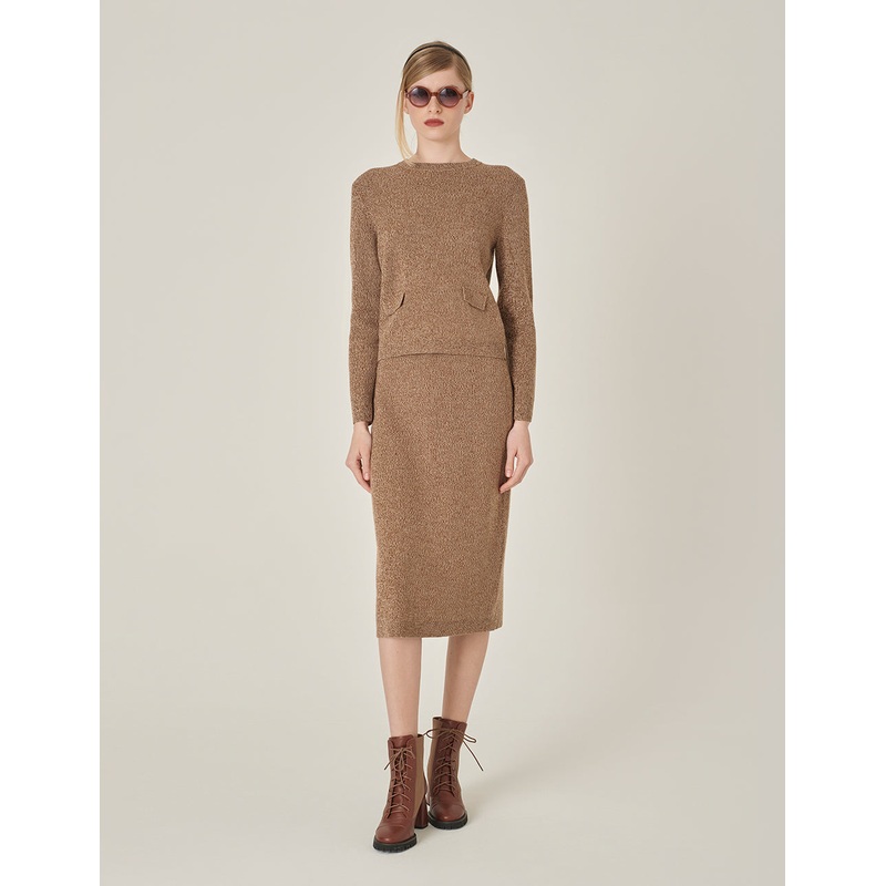 Straight Knee-Length Apricot Mixed Yarn Skirt