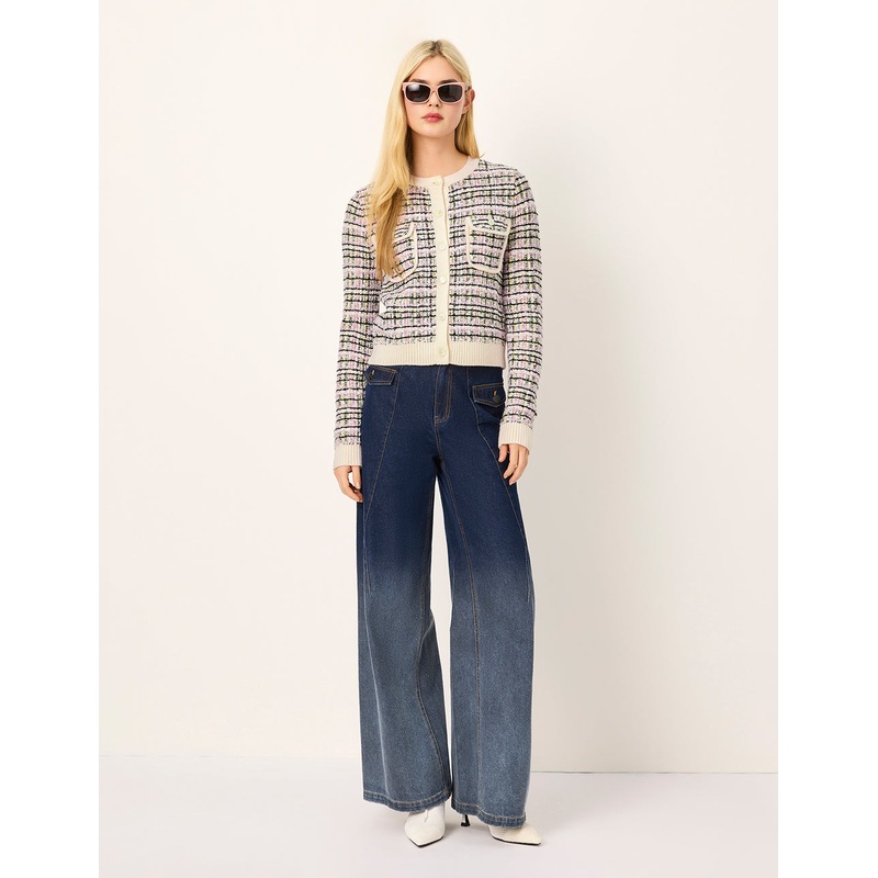 Straight Wide-Leg Dark Blue Gradient Washed Denim Pants