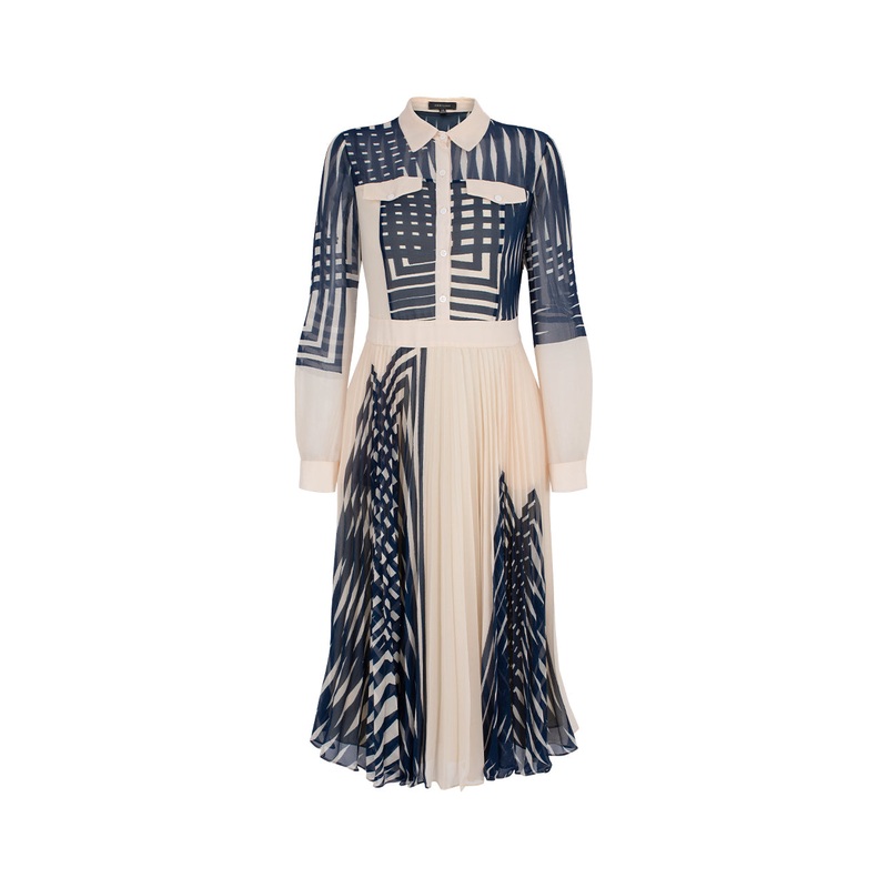 Striped Long Sleeve Pleated Midi Shirt Dress