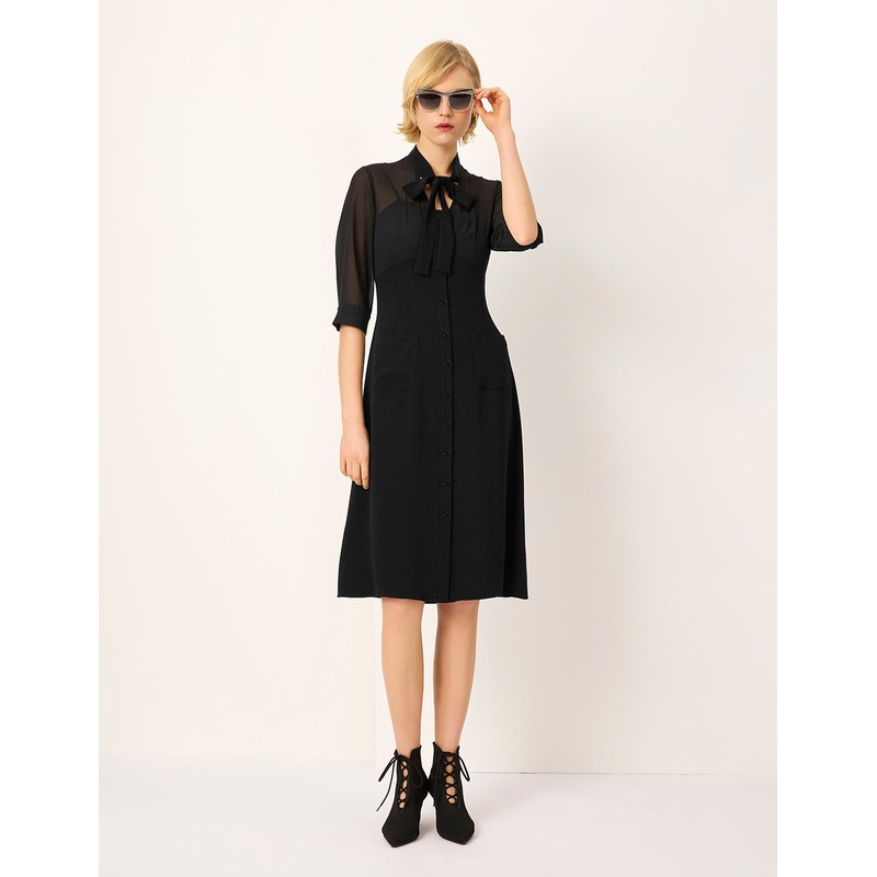 Tie Half-Sleeve A-Line Midi Black Shift Dress