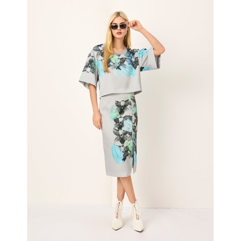 U-Neck Floral-Print 1/2 Sleeve Cropped T-Shirt