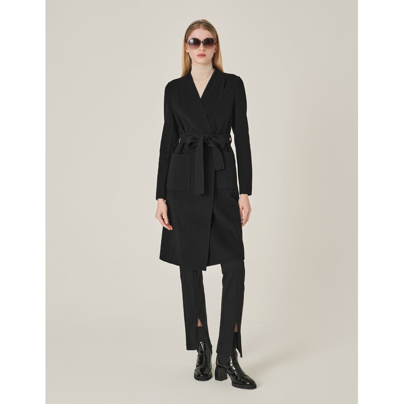 V-Neck Double-Sided Tweed Mid-Length Silk Wool Coat