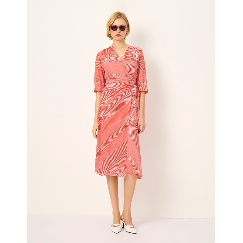 V-Neck Half-Sleeve Striped-Print Midi Wrap Dress