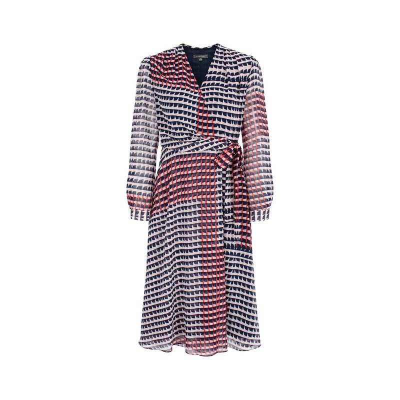 V-Neck Long-Sleeve Houndstooth Wrap Midi Dress