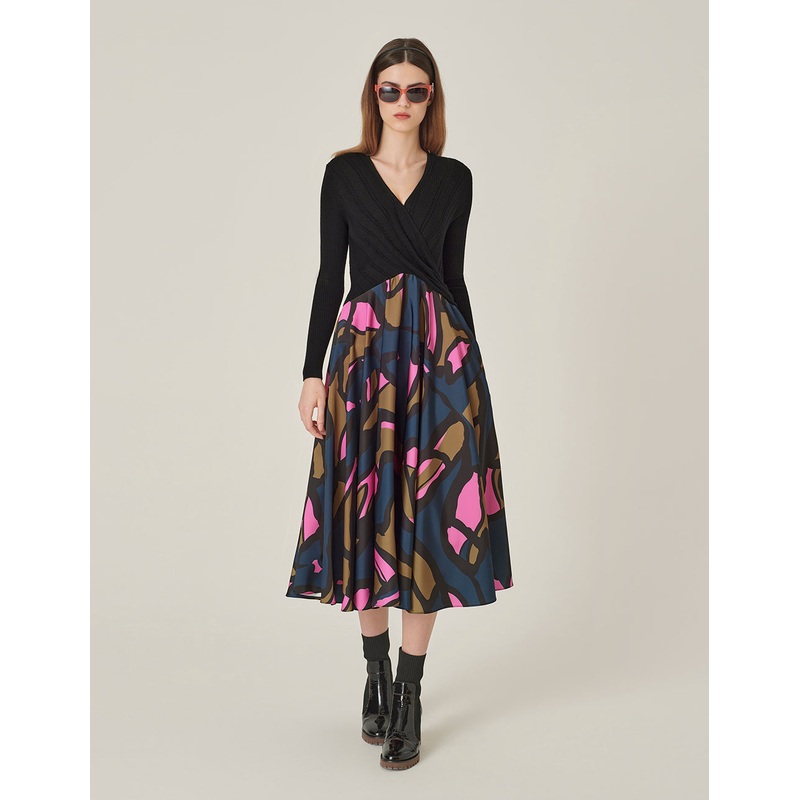 V-Neck Long-Sleeve Pinched-Waist Knitted Splicing Printed Pleated Midi Dress