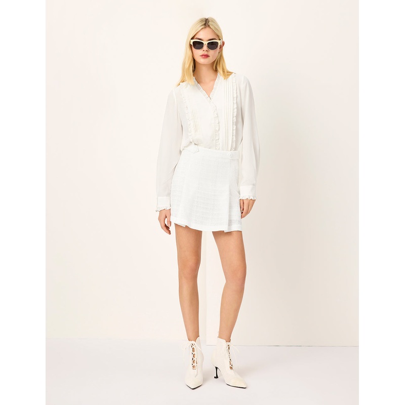 V-Neck Long-Sleeve Ruffle-Trim Pin Tuck Silk Blouse