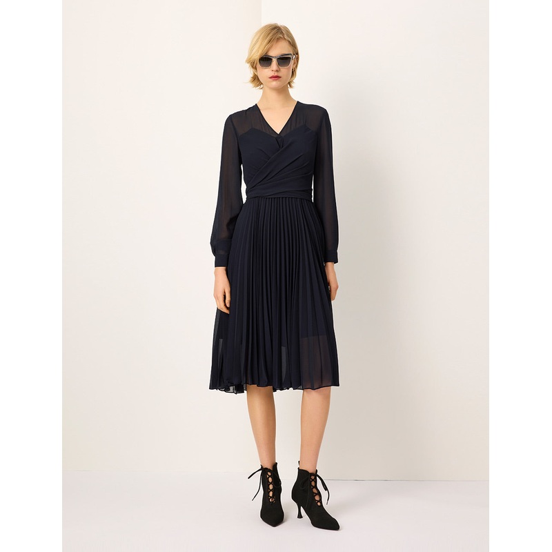 V-Neck Long-Sleeve Wrap Tie-Waist Pleated Midi Dress