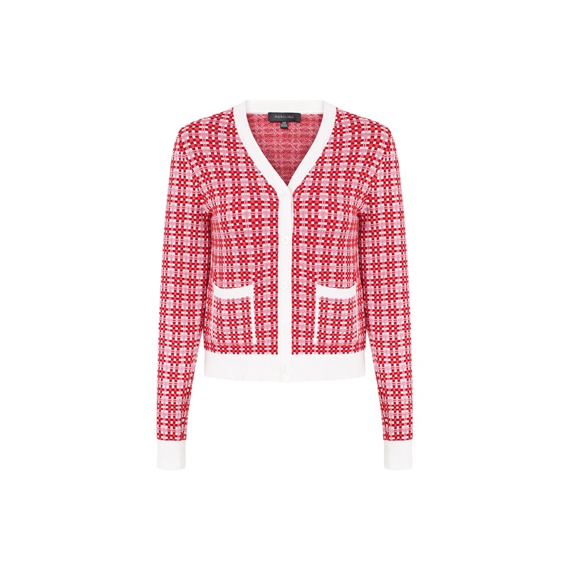 V-Neck Red & White Checkered Long Sleeve Cardigan