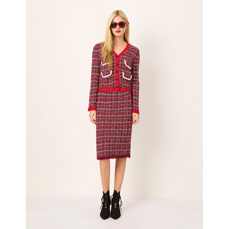 V-Neck Red & White Checkered Tweed Multi-Pockets Knit Cardigan