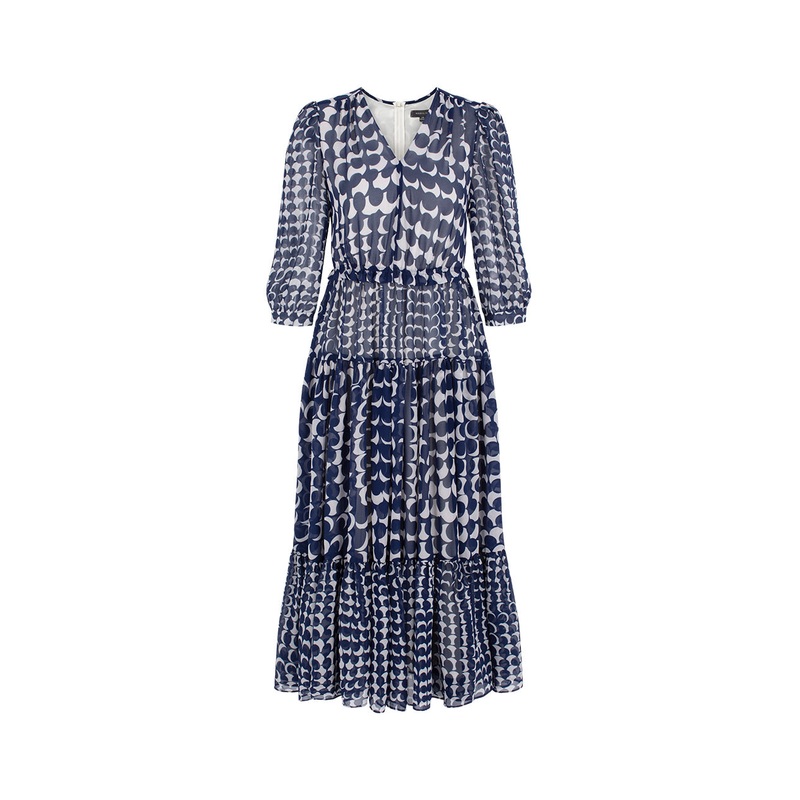 V-Neck Ruffle Empire-Waist Spot Printed Pleated Midi Dress