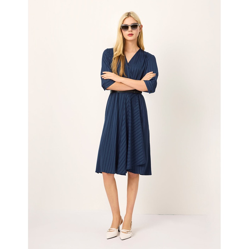 V-Neck Short-Sleeve Striped Pleated Midi Wrap Dress