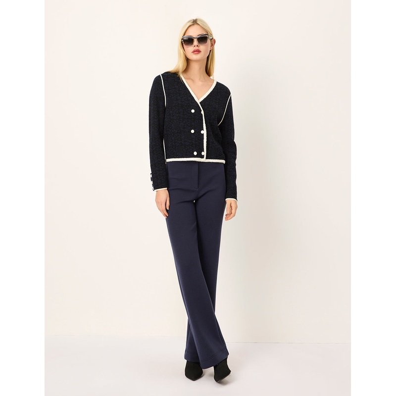 V-Neck White Trim Double-Breasted Long-Sleeve Knit Cardigan