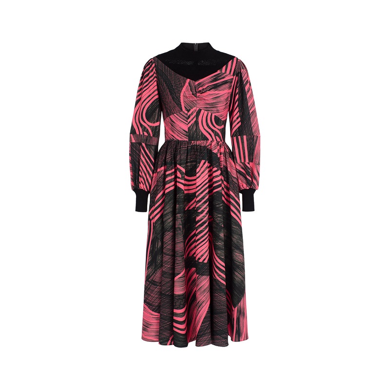V-Shaped Patchwork Knitted Printed Dress