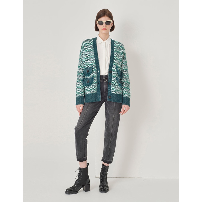 Vanilla Green V-Neck Floral Knitted Cardigan