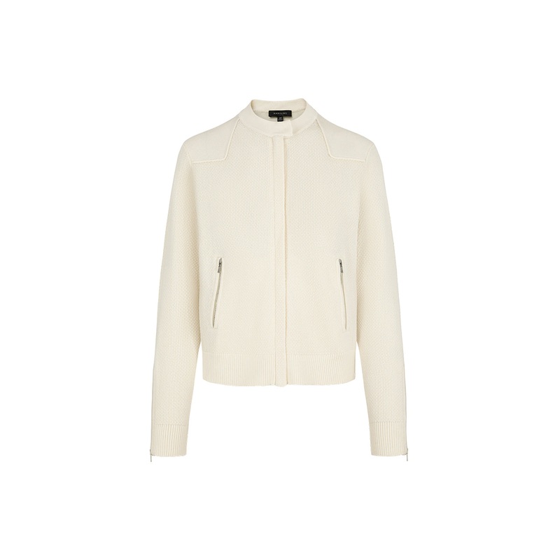 White Stand-Up Collar Zipper Wide-Sleeved Knit Cardigan