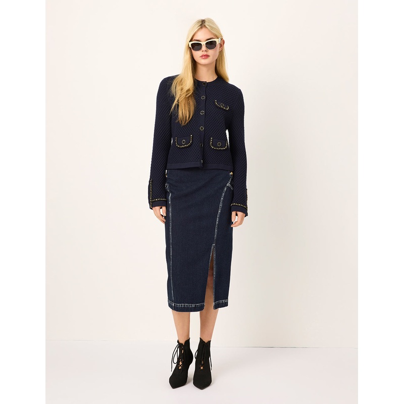 White Trim Slit Knee-Length Denim Skirt