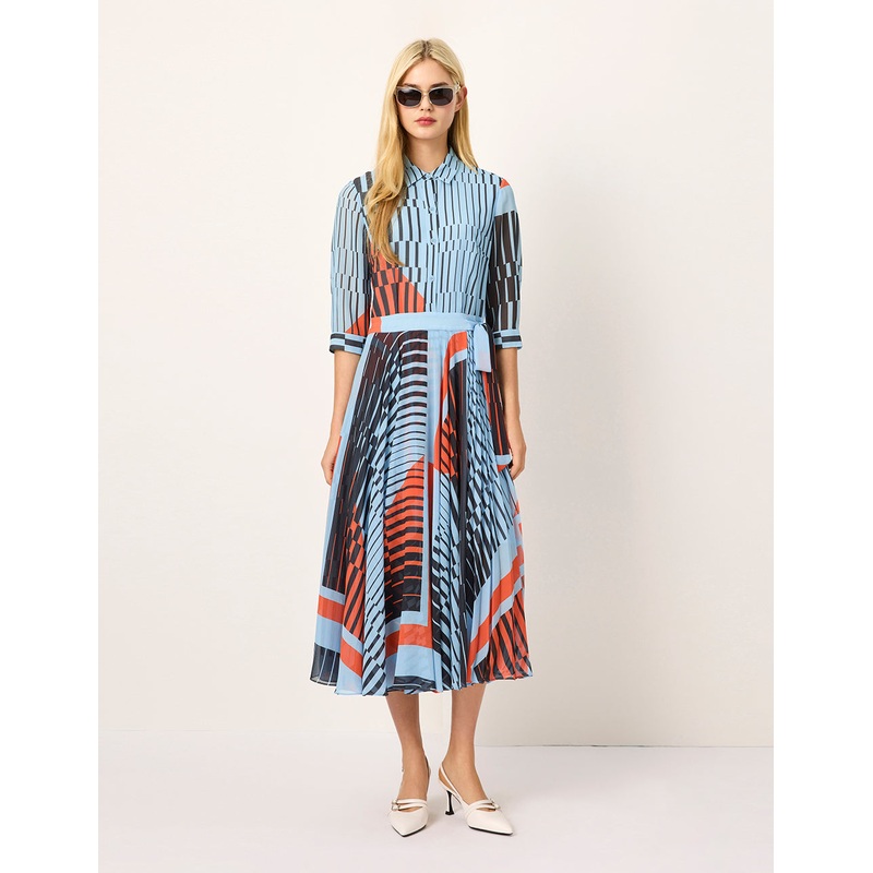 Asymmetric Paisley Print Belted Pleated Midi Shirt Dress