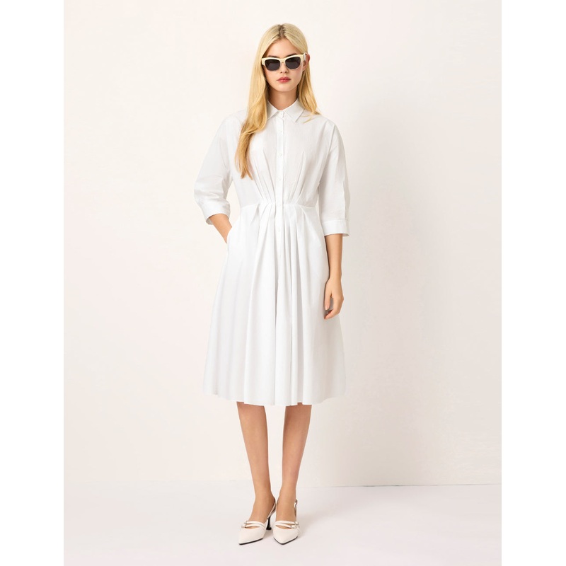 Batwing-Sleeve Pleated Waist Midi Shirt Dress