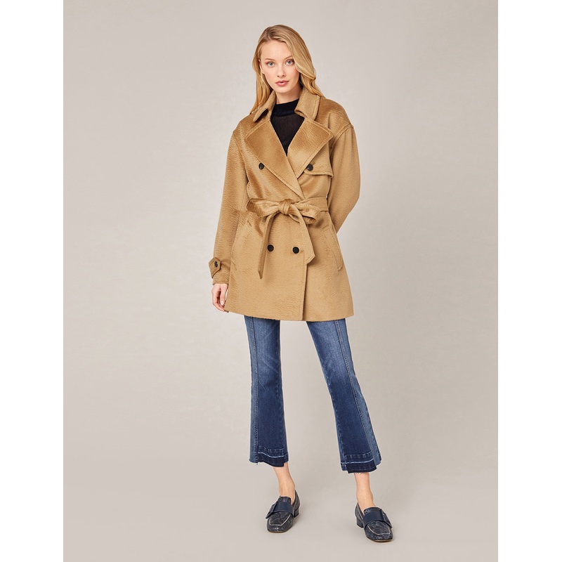 BEIGE WOOL SELF BELTED COAT