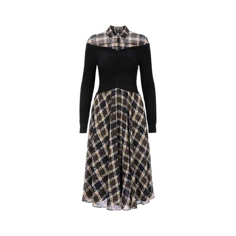 Black Apricot Plaid Elegant Printed Knitted Dress