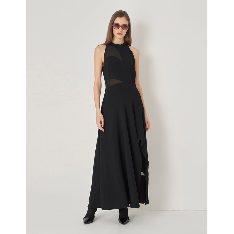 Black Asymmetric Ruffle Hem Evening Gown Dress