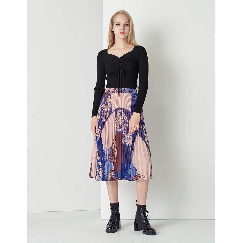 Blue bottom pink floral print pleated skirt