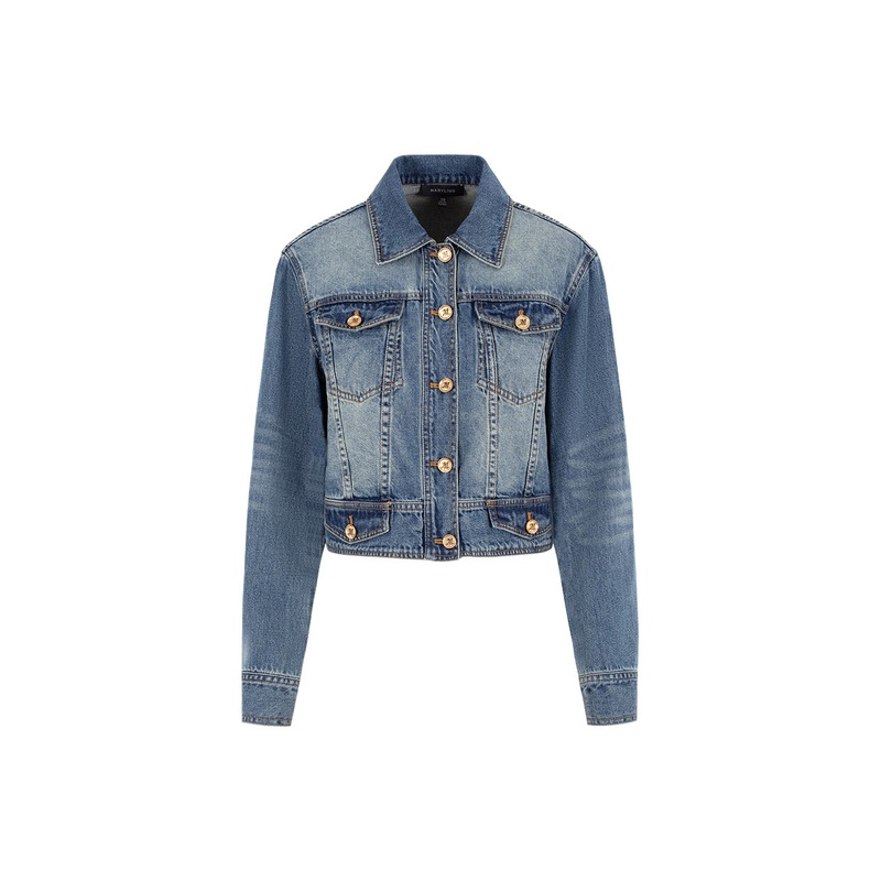 Blue Denim Long-Sleeve Cropped Jacket