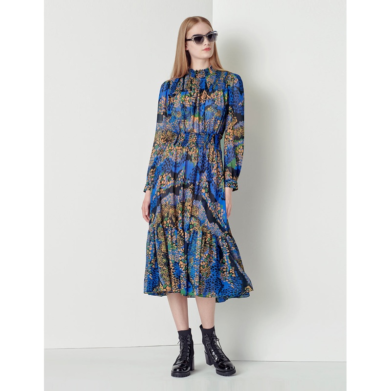 Blue floral georgette pleated dress