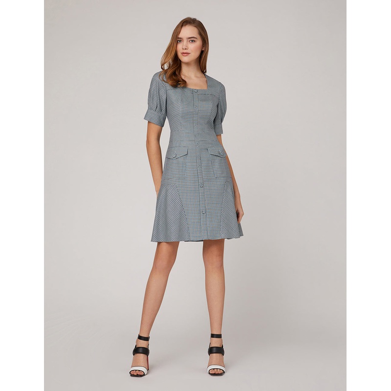 Blue white square collar waist A swing houndstooth dress