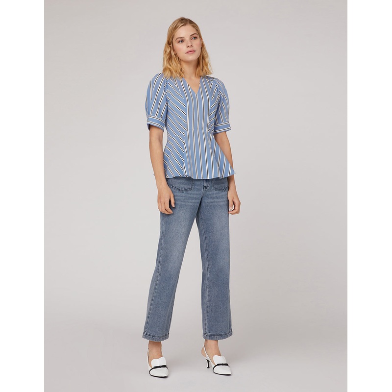 Blue white stripes wavy hem top
