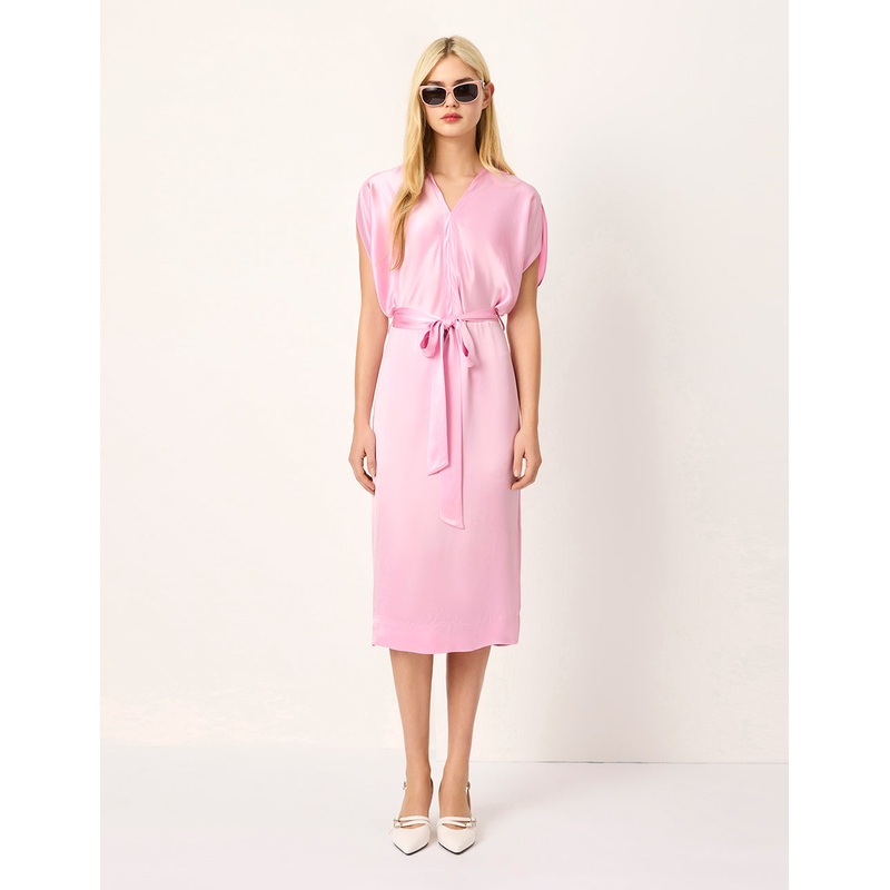 Blush Pink V-Neck Belted Midi Dress