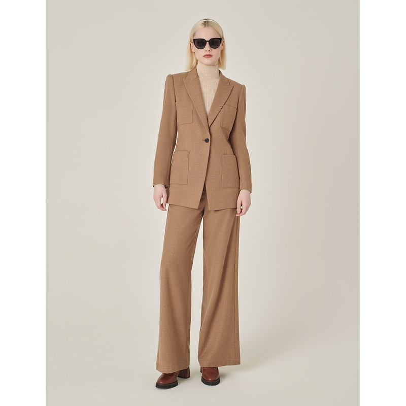 Camel Wool Single-Breasted Midi Blazer