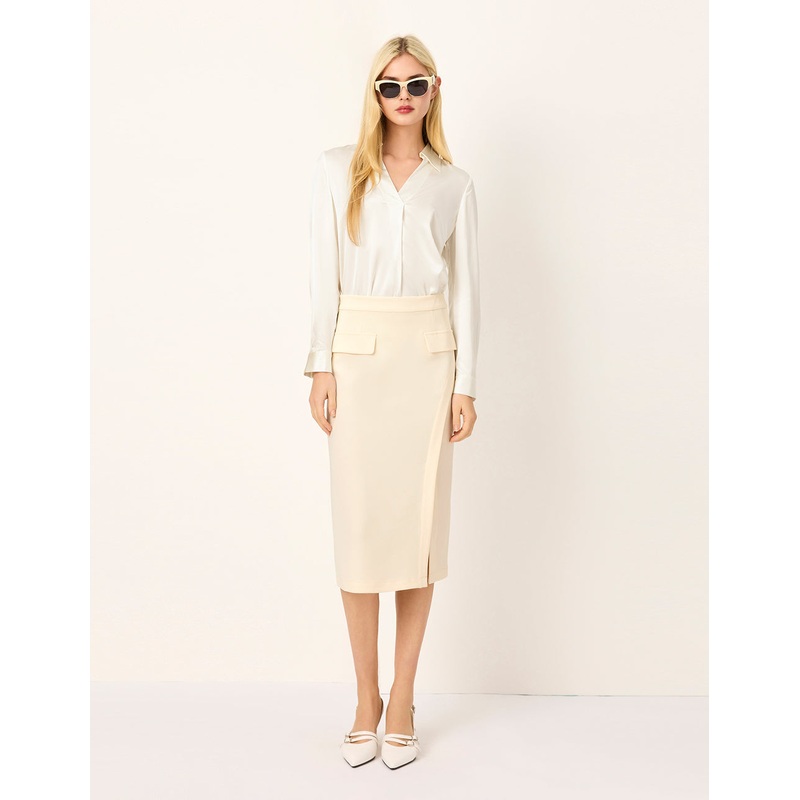 Cream  Straight Knee-Length Slit Skirt