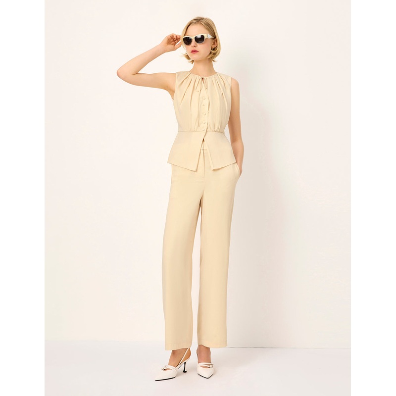 Drawstring Crew-Neck Sleeveless Slit-Front Top